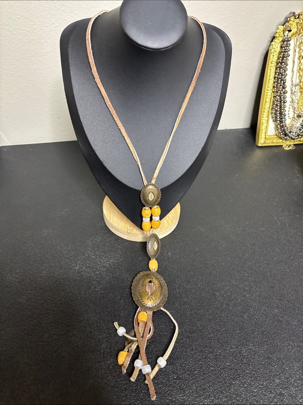 Handcrafted Yellow Bead Concho Pendant Leather Bolo Adjustable Necklace Western